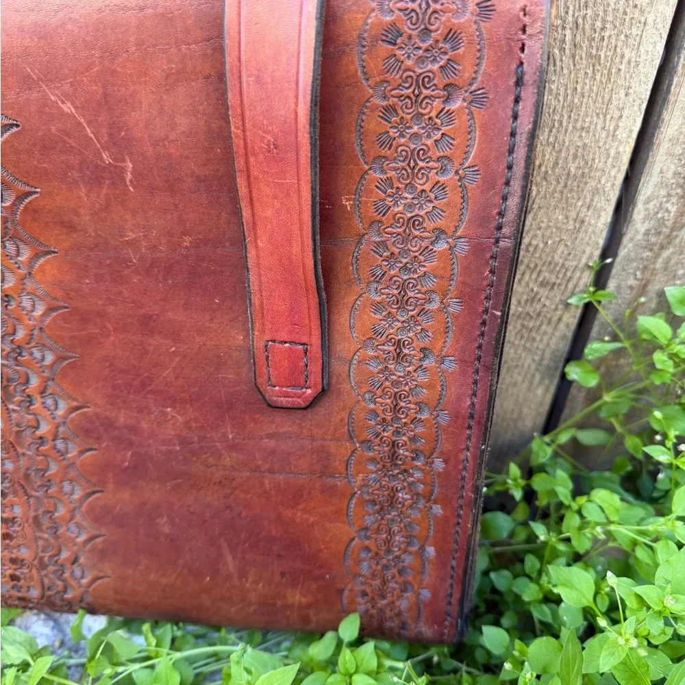 Vintage Western Floral Hand Tooled Leather Briefcase / Messenger Bag